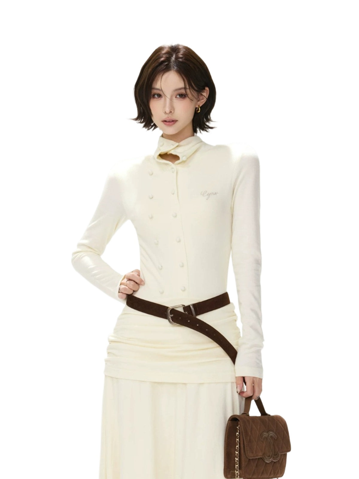 Belted Turtleneck Knit Maxi Dress