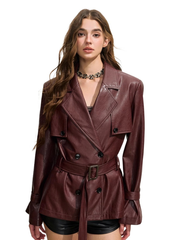 Oversized Double-Breasted Mid-Length Leather Trench Coat
