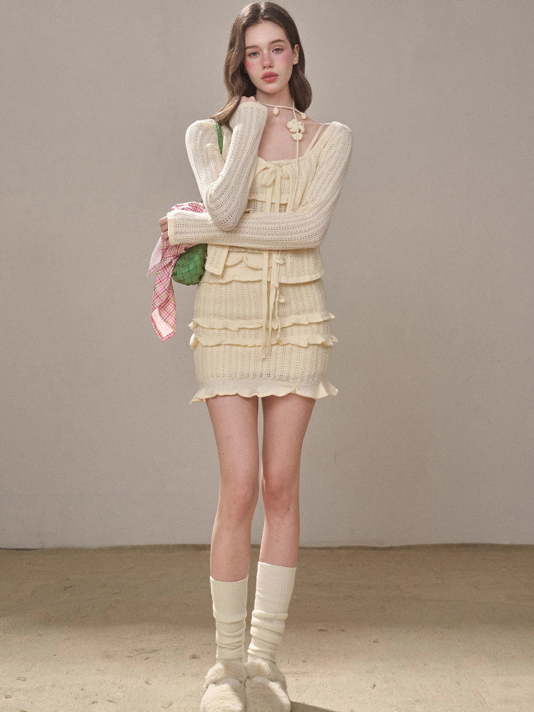 Hollow Out Cream Knit 3-Piece Set