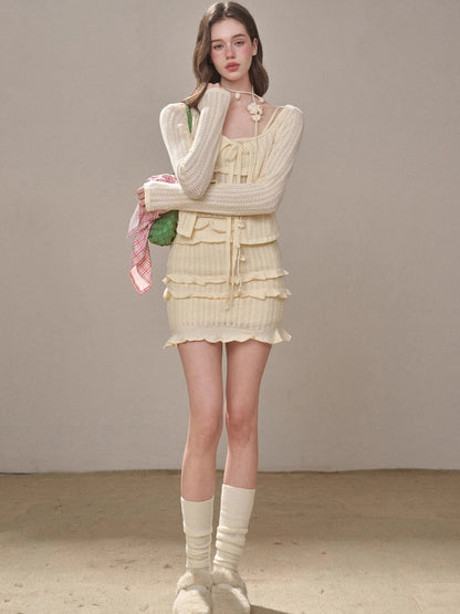Hollow Out Cream Knit 3-Piece Set
