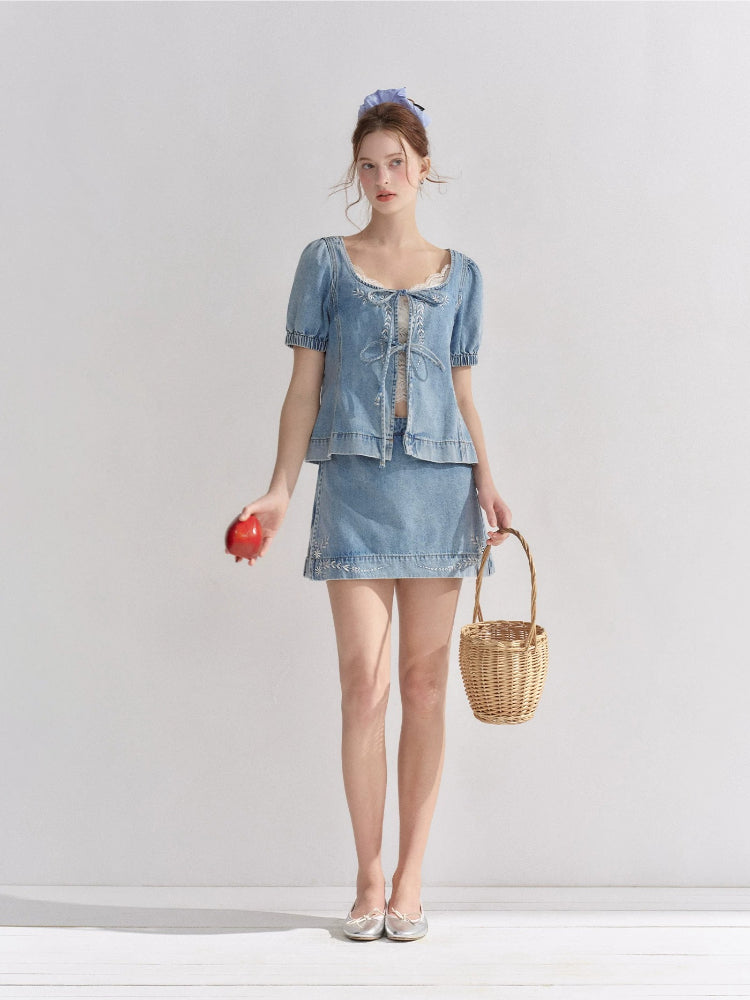 Embroidered Floral Denim Top &amp; Skort Set