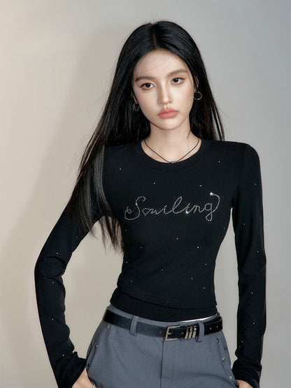 Black &amp; White Round Neck Fitted Long-sleeve T-shirt