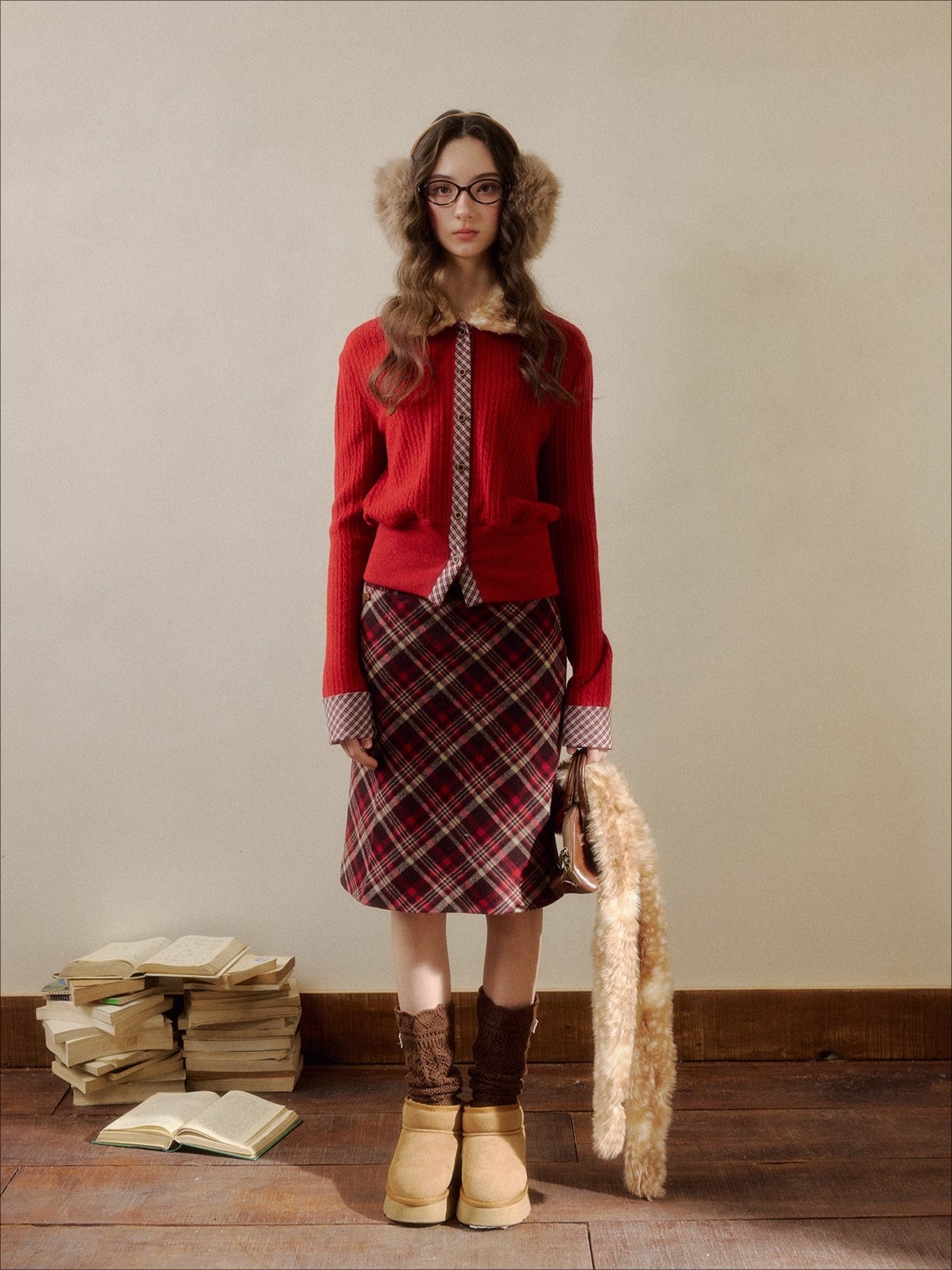 Fur-Collar Plaid Knit Cardigan
