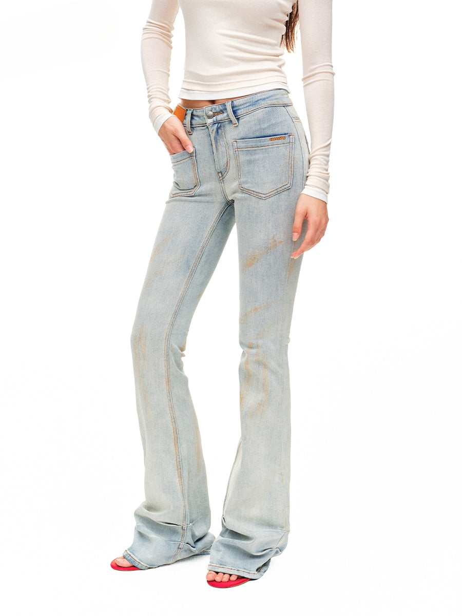 Washed Low-waist High-stretch Micro-flare Jeans