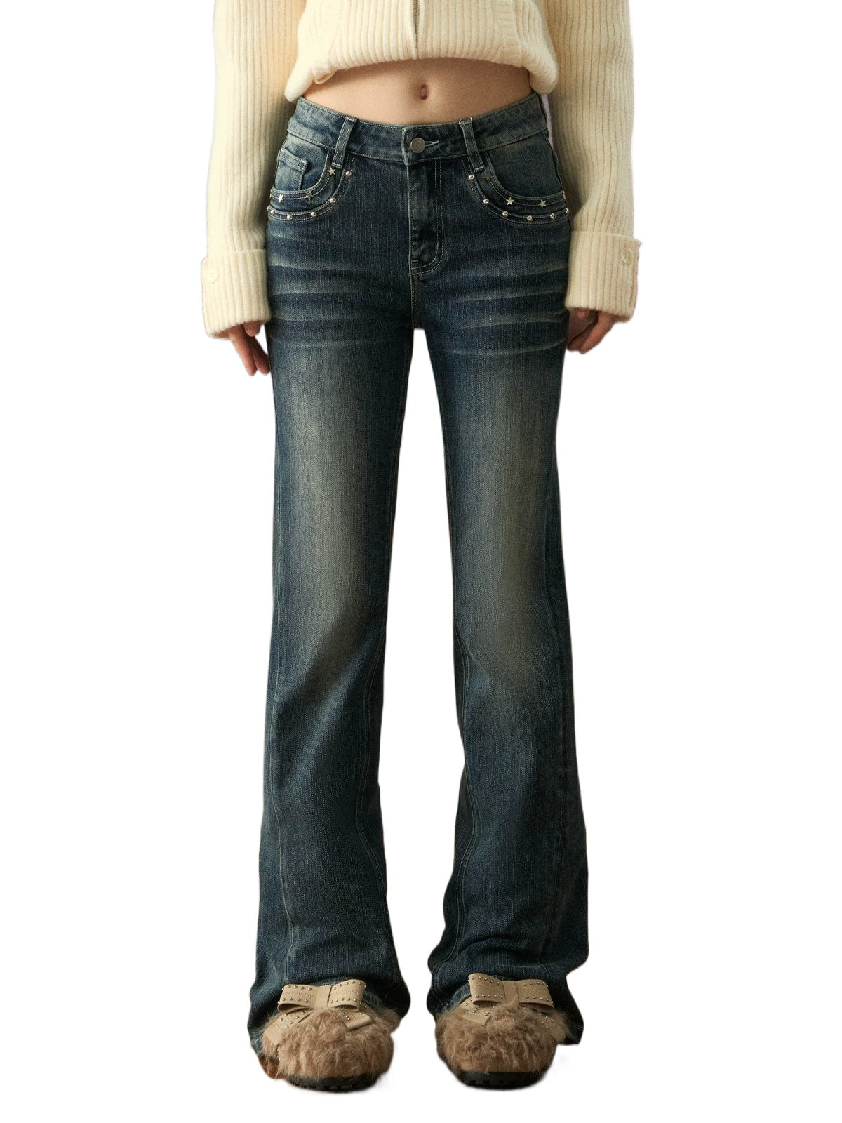 Vintage Star Studded Flared Denim Jeans