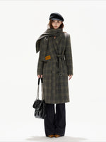 Gray Plaid Detachable Scarf Wool Coat