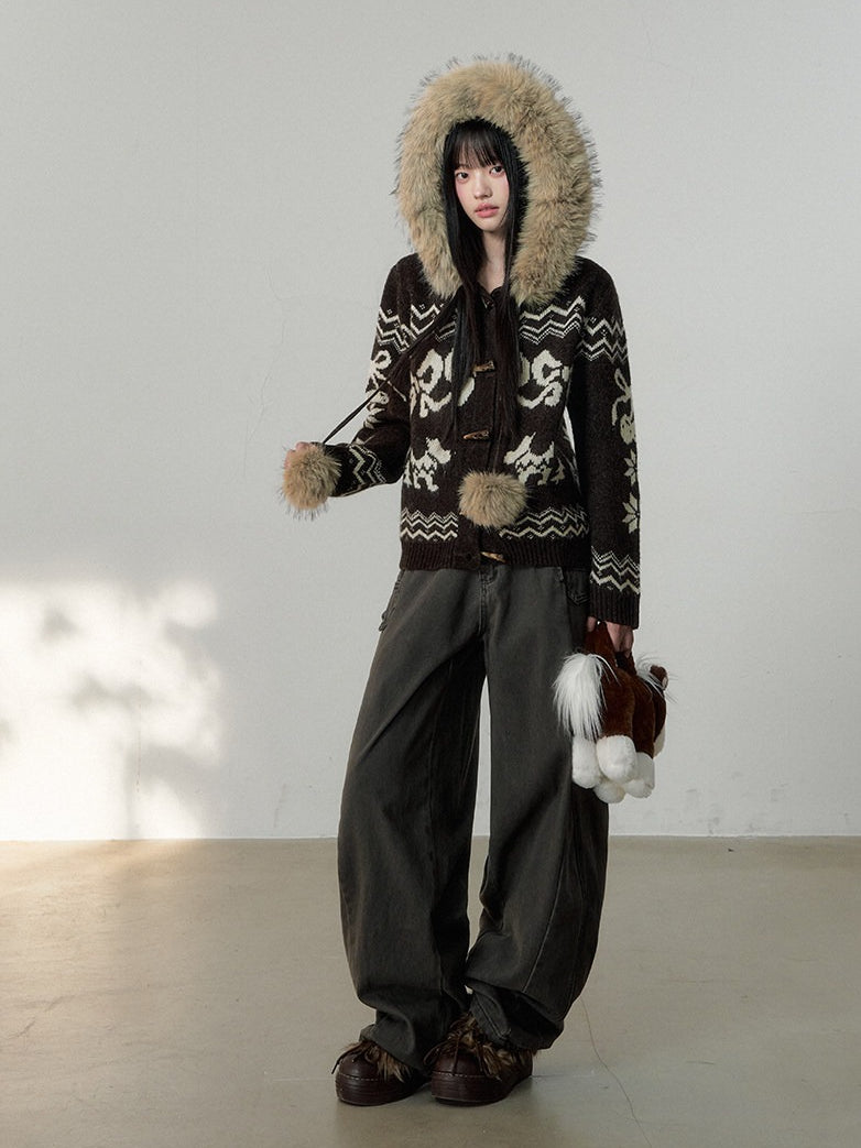 Fair Isle Fur Collar Toggle Knit Coat