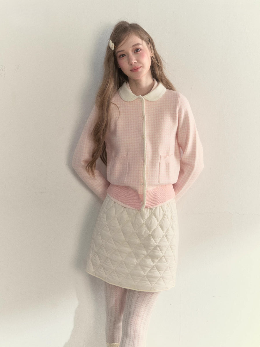 Pink Plaid Knit Doll Collar Sweater