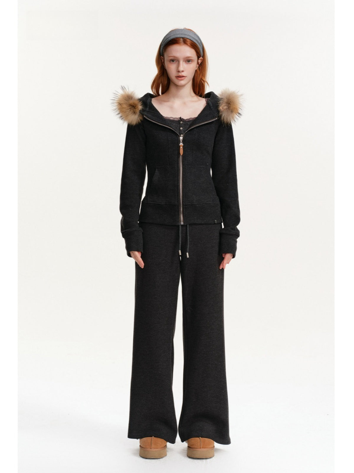 Detachable Fur Collar Tracksuit Set