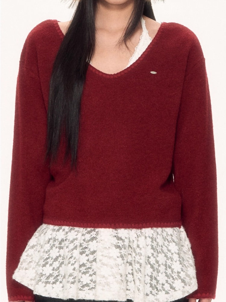 Red Lace Halter Knit 2-piece Set