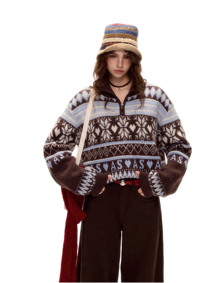 Fair Isle Half-Zip Fringed Knit Sweater