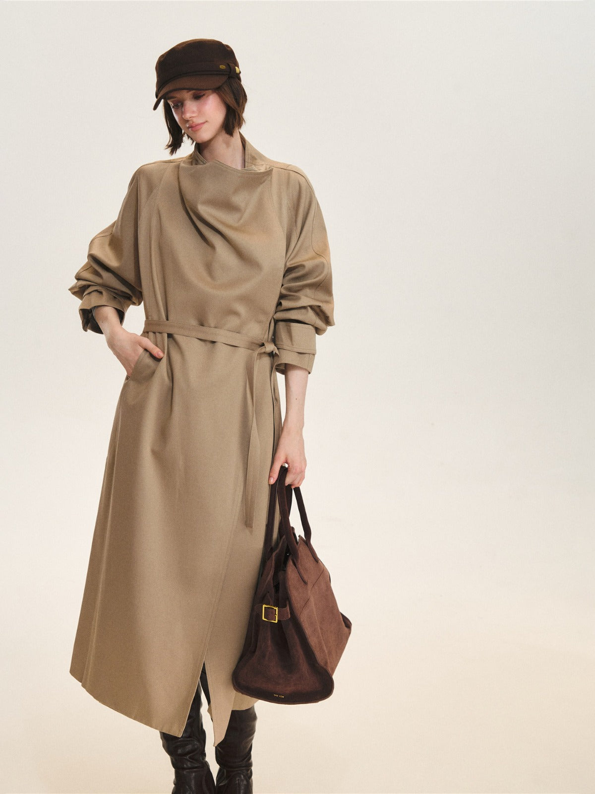 Khaki Waterfall Collar Trench Coat
