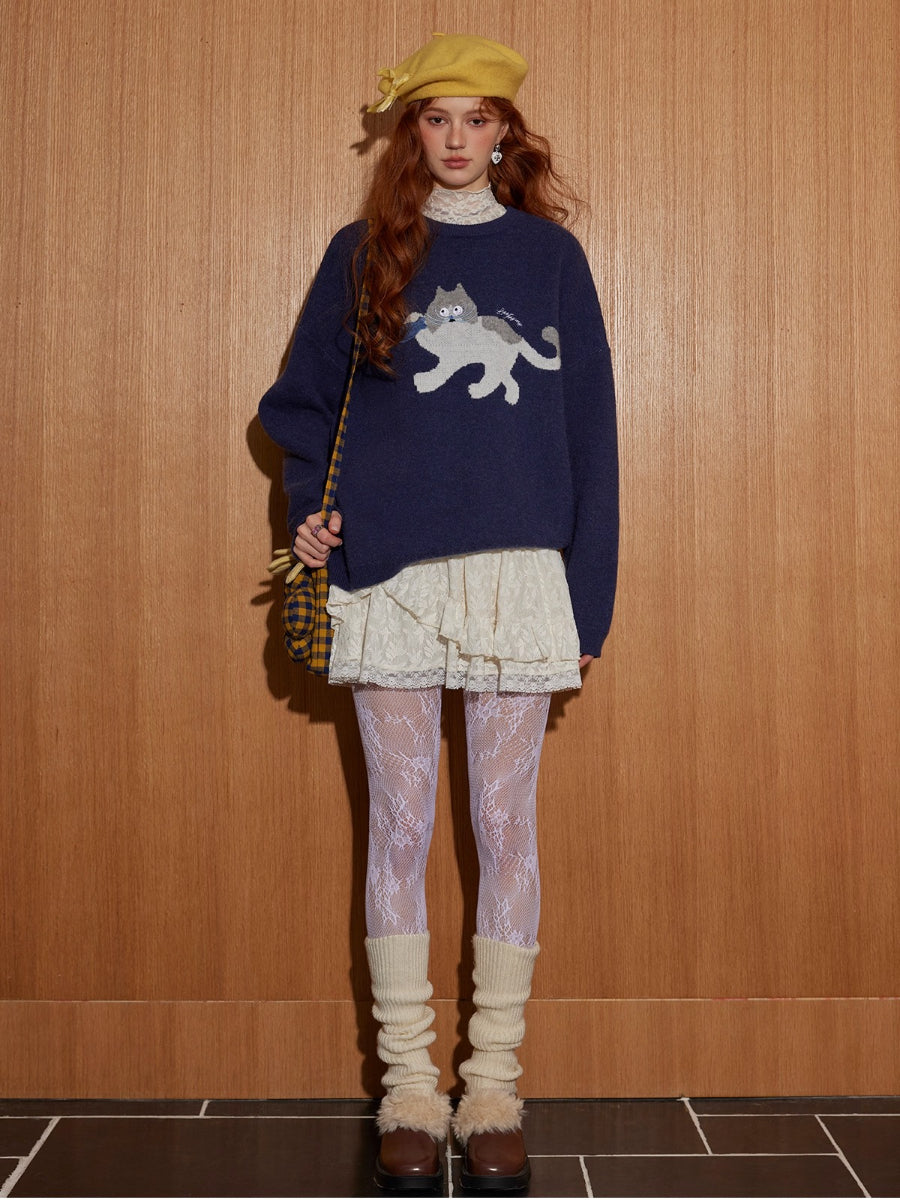 Cat Embroidery Jacquard Knit Sweater