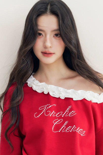 Red Pearl Ruffle Off-Shoulder Sweatshirt