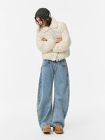 Double Waistband Washed Barrel Jeans