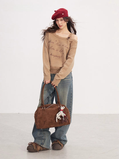 Off Shoulder Embroidered Distressed Sweater