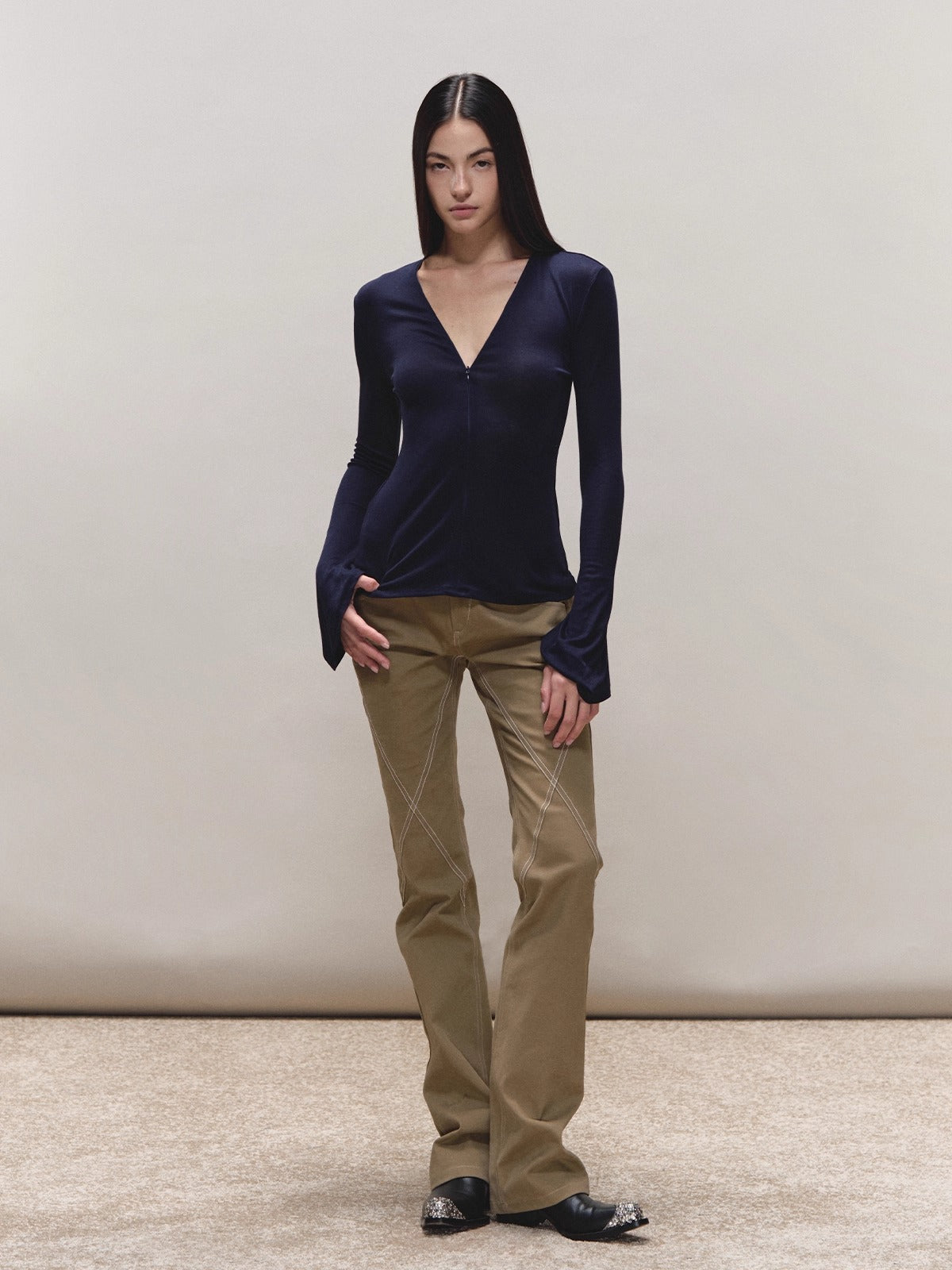 Lyocell Adjustable-Zip Flared-Sleeve Top