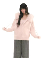 Fur Collar Hooded Knit Cardigan