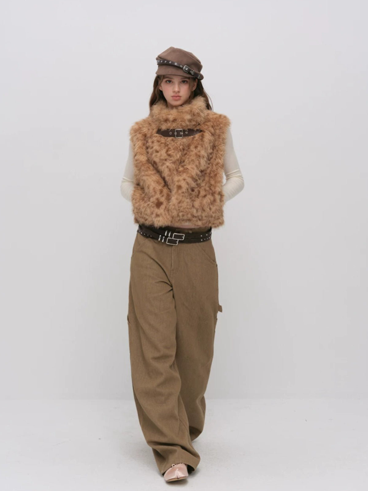 Leopard Faux Fur Sleeve Vest Jacket