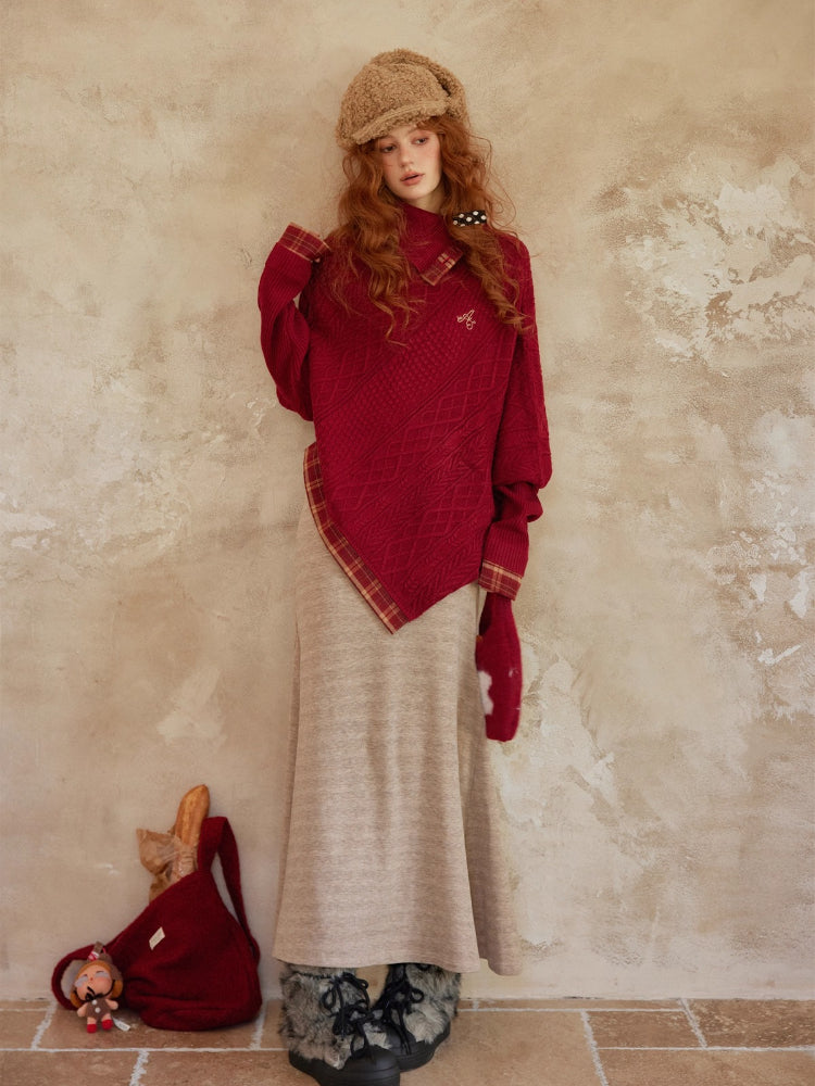 Plaid Patchwork Batwing Sleeve Knit Sweater