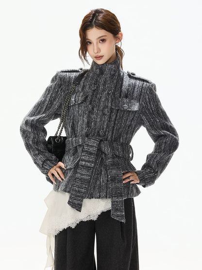 Gray Belted Tweed Coat