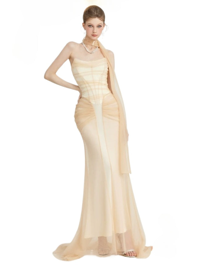 Black & Apricot Tulle Ruffled Slim-fit Strapless Dress