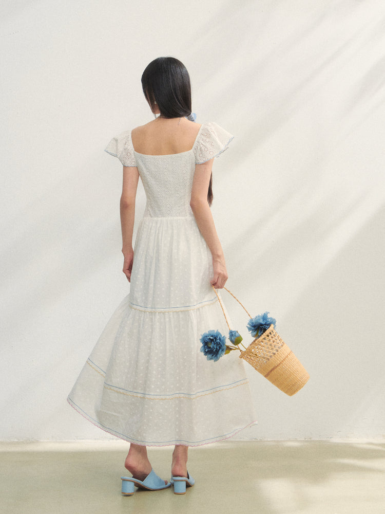 White Square Neck Hollow Embroidered Dress
