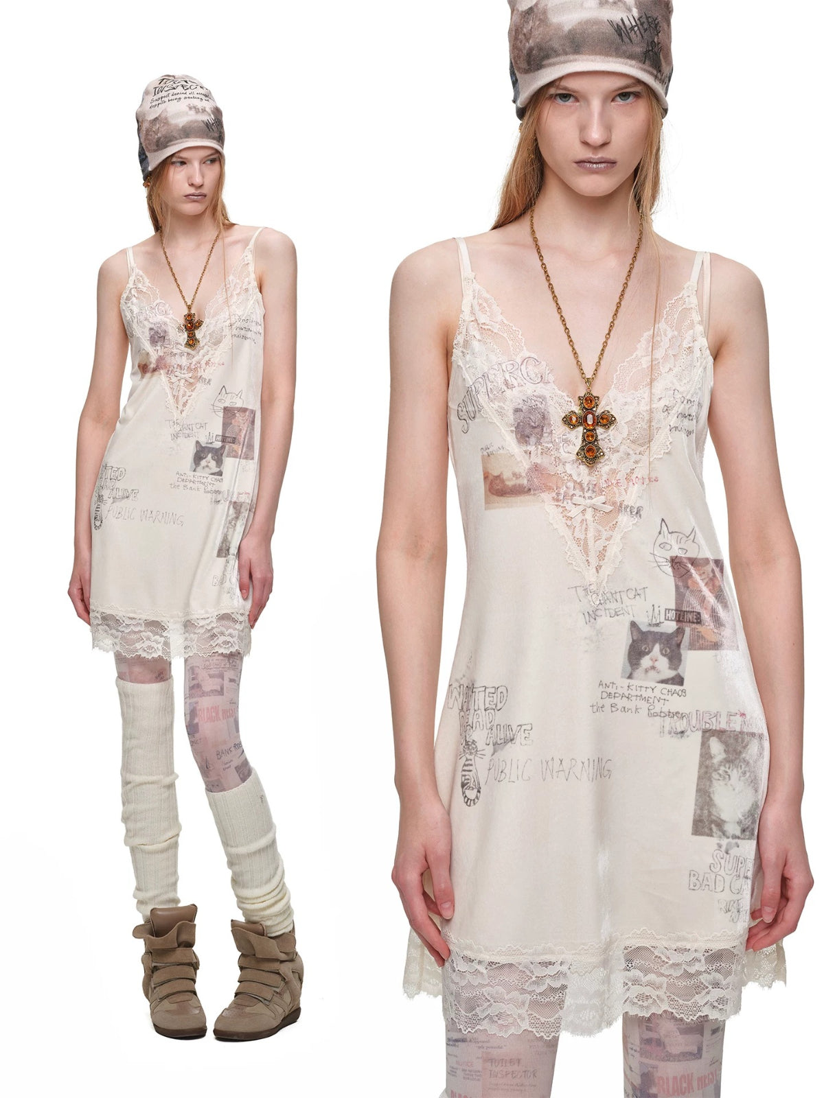 Vintage Cat Newspaper Print Tights