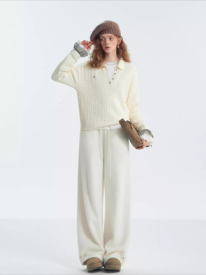 Cable‑Knit Polo Collar Plaid Splice Sweater