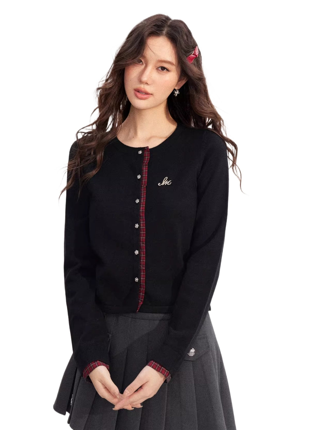 Check Panel Lace Trim Cardigan