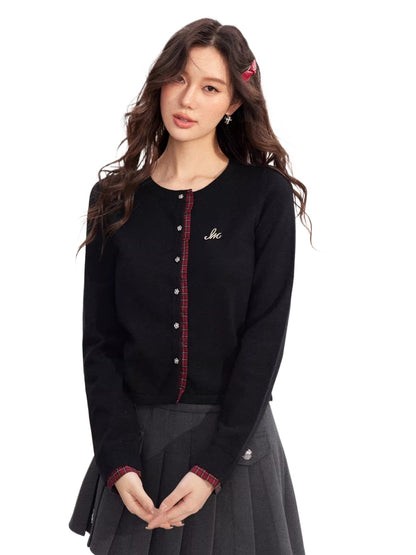 Check Panel Lace Trim Cardigan