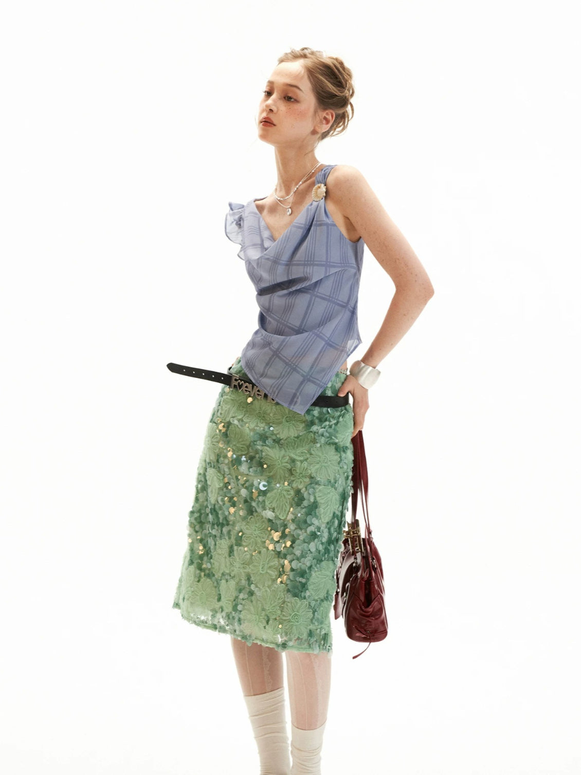 Mint Sequin Embroidered Midi Skirt