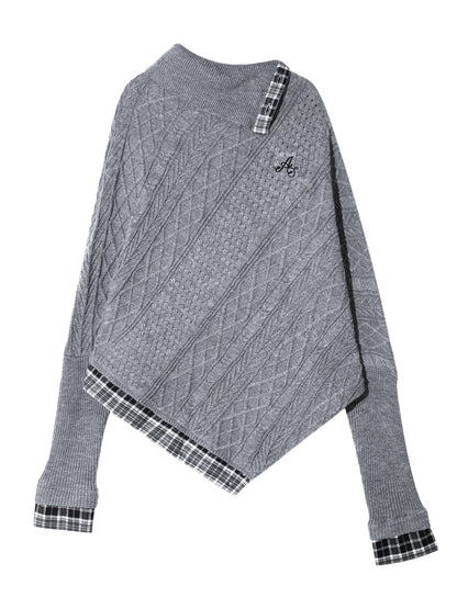 Plaid Patchwork Batwing Sleeve Knit Sweater