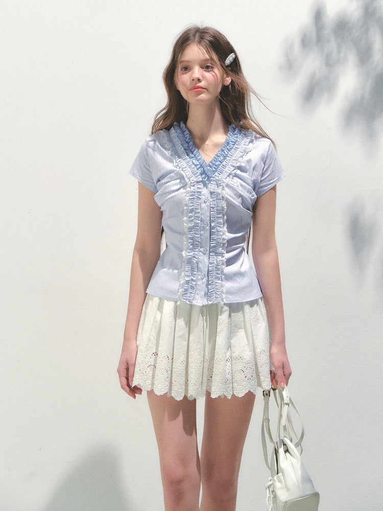 Blue Ruffled Lace Blouse