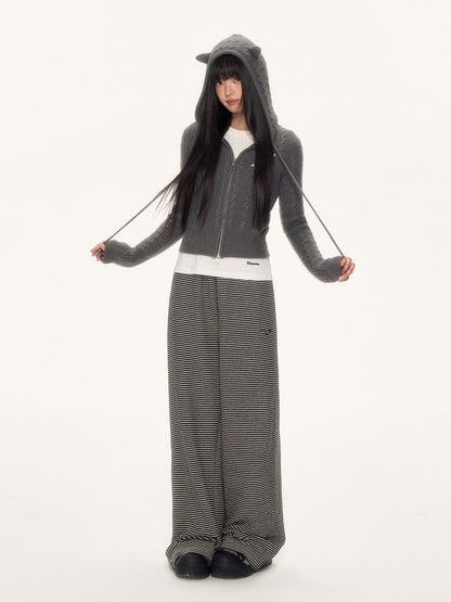 Grey Cat-Ear Knit Hoodie