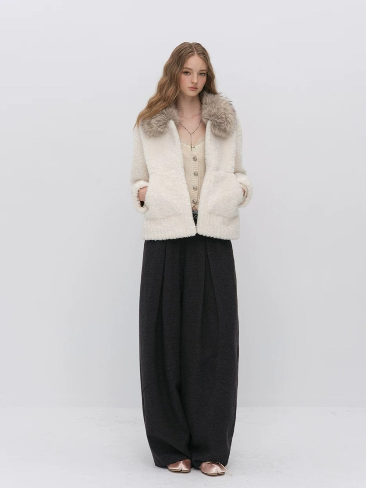 Contrast Collar Shearling Coat