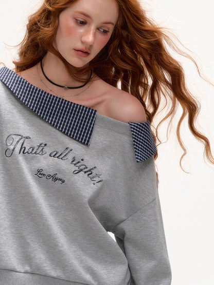 Plaid Embroidery Off-Shoulder Sweatshirt