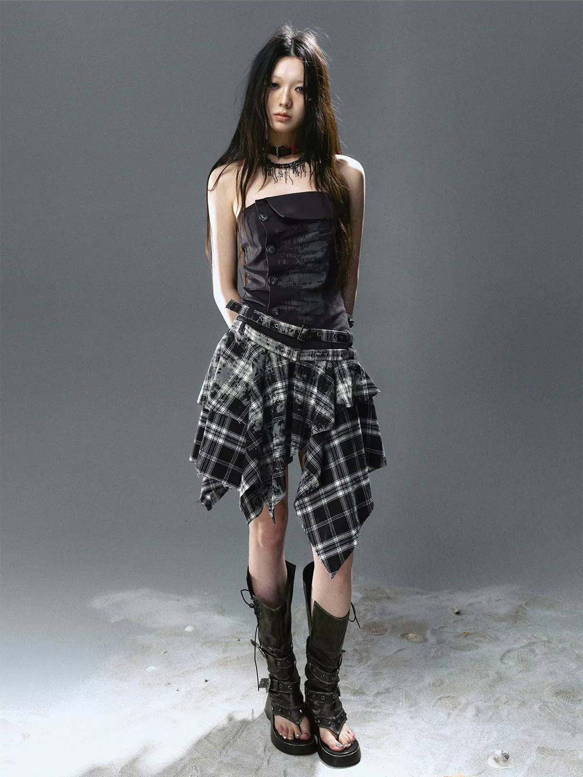 Graffiti Ruched Plaid Bustier Dress