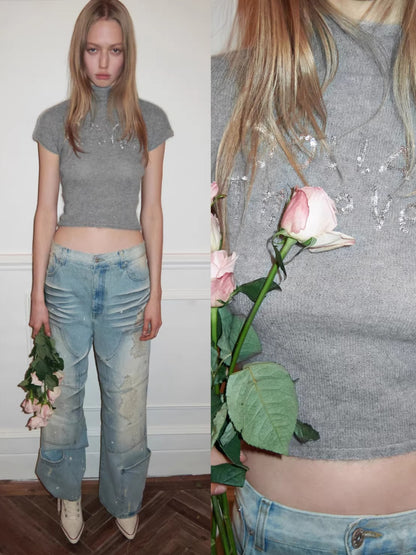 Washed Denim Straight Pants