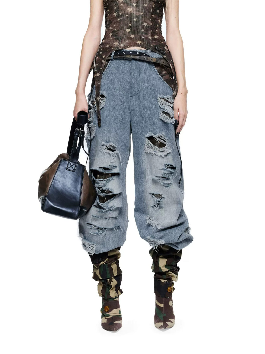 Distressed Patchwork Wide Leg Jeans