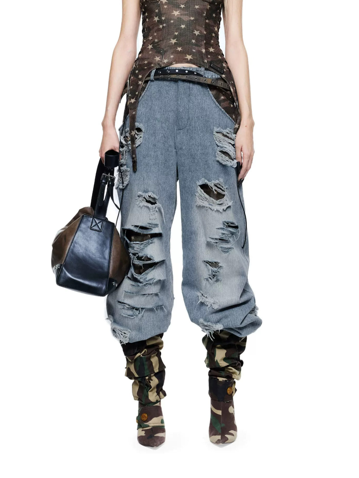 Distressed Patchwork Wide Leg Jeans