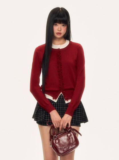Red Layered Ruffle Trim Knit Pullover