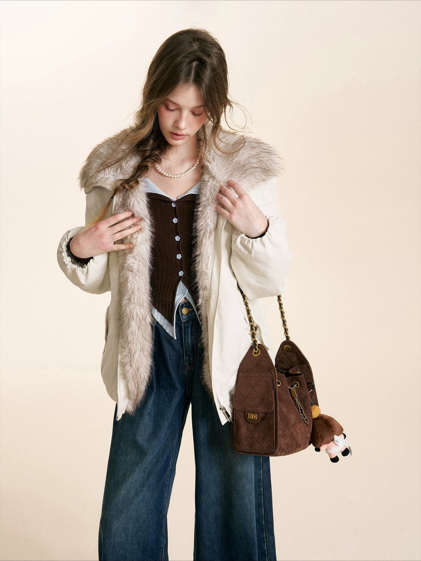 Brown &amp; White Fur Collar Parka Jacket