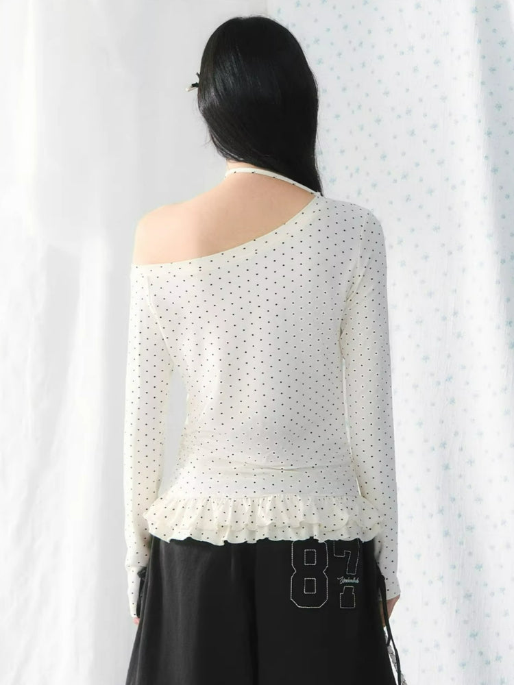 Polka Dot Ruffle One-Shoulder Top