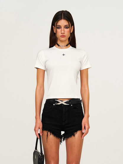 Waist-Cinching Embroidered Round-Neck T-Shirt