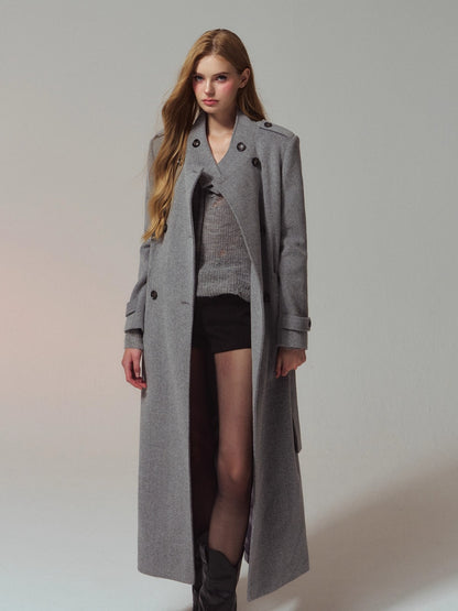 Structured Epaulette Stand-Collar Wool Long Coat