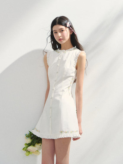 Embroidered Floral Waist-Tie Dress