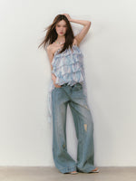 Rhinestone Double-Waistband Straight-Leg Jeans