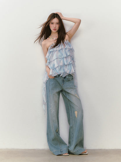 Rhinestone Double-Waistband Straight-Leg Jeans
