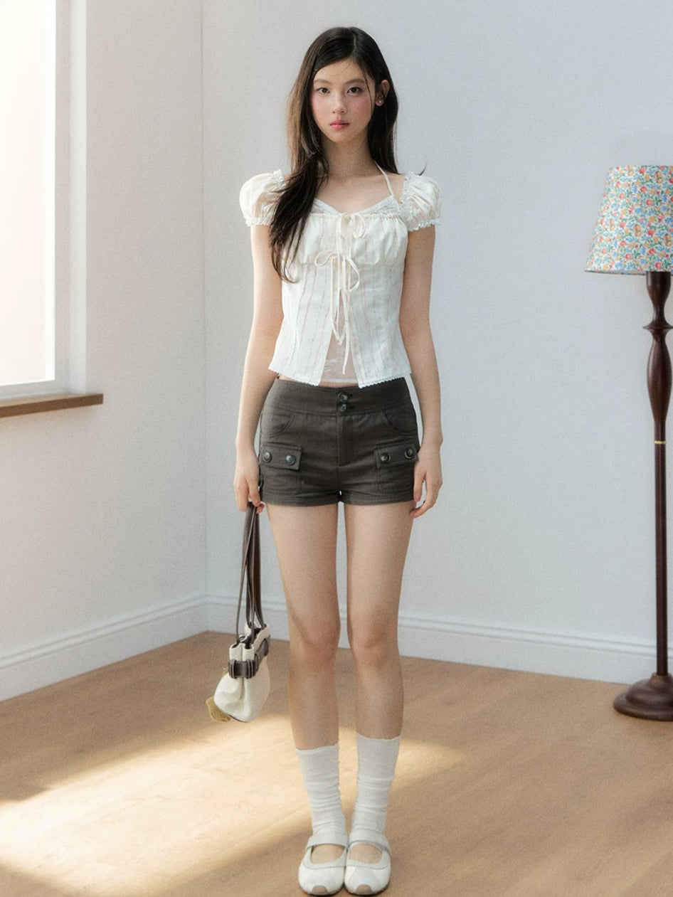 Layered Lace Bow Puff Top